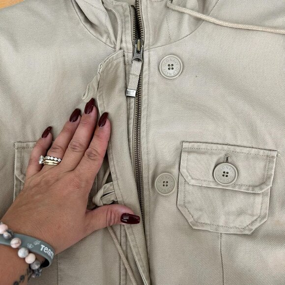 Old Navy Hooded Utility Jacket Womens L Khaki Cargo Quilted Thermal Lined Canvas - Picture 6 of 10